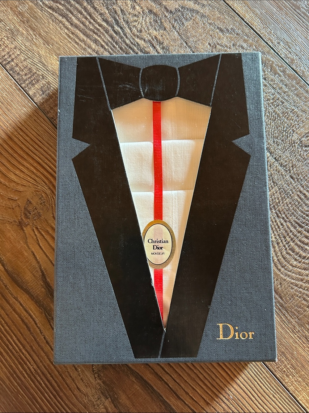 Vintage Dior White Handkerchief Set with Red Ribbon and Gold Emblem